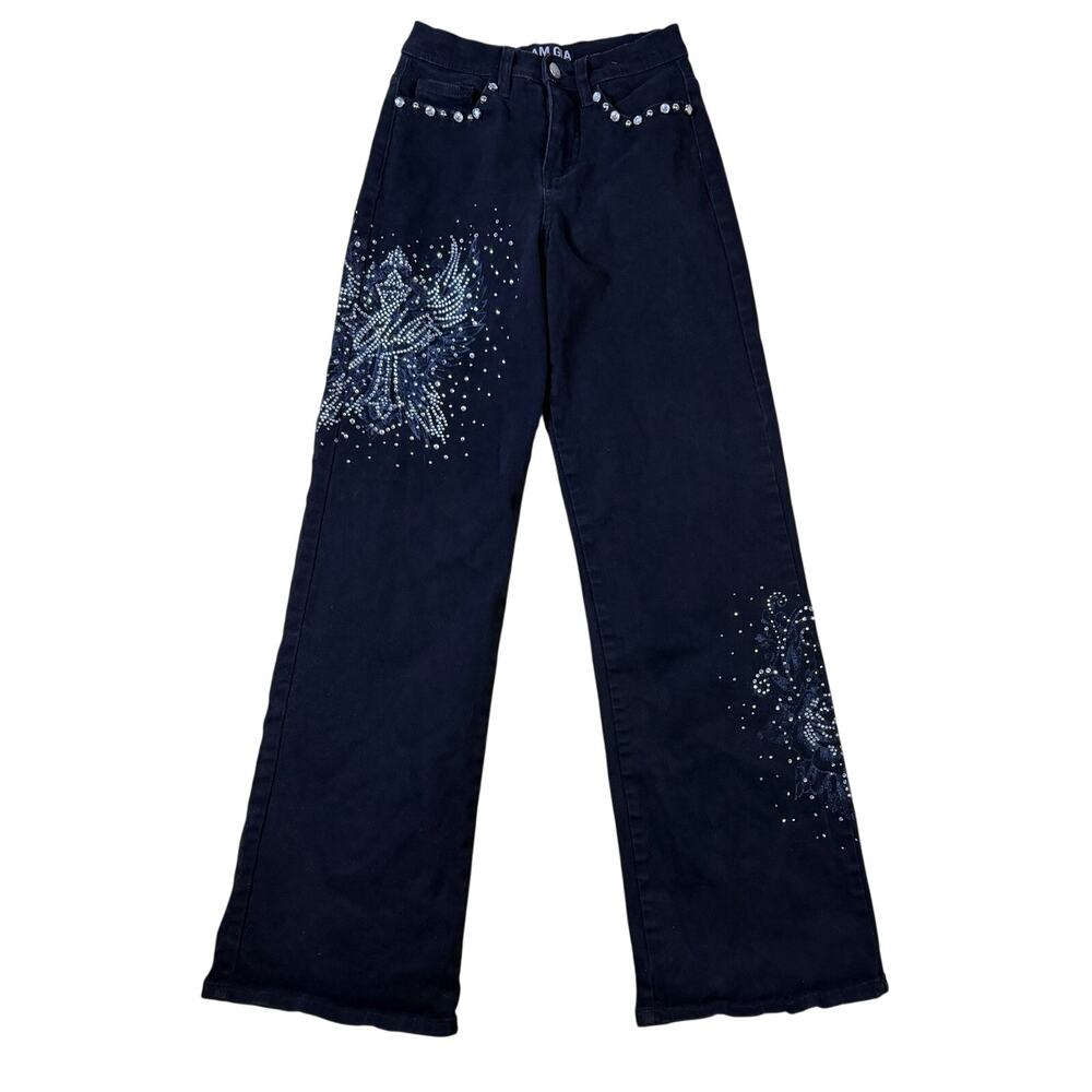 I.AM.GIA Black Wide Leg Jeans - Rhinestone Cross & Wing Graphic Y2K Style